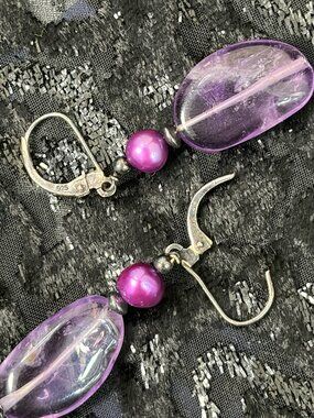 925 Sterling Silver Vintage Signed Amethyst Purple Pearl Drop Earrings Designer